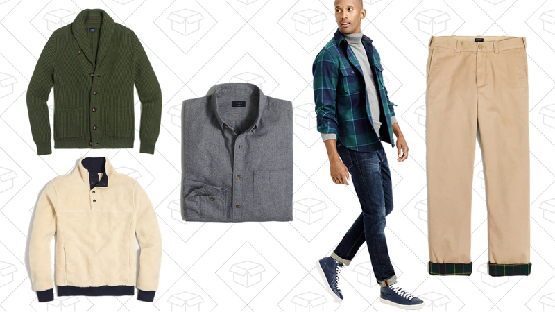 Ribbed Cotton Cardigan Sweater, $76 | Upstate Fleece Pullover, $77 | Slim Jaspé Shirt, $24 | Wool CPO Shirt-Jacket, $49 | Sutton Flannel-Lined Chino, $51